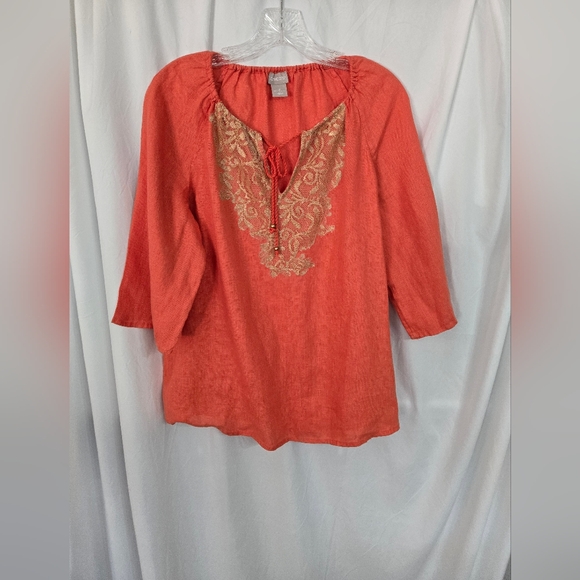 Chico's Tops - Chico's Coral/Orange Linen with Gold Lace Hobo Blouse/Top. Size 8-10P